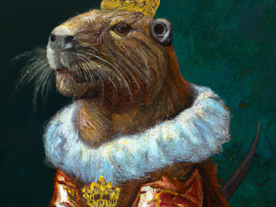 An oil painting portrait of a capybara holding a golden scepter