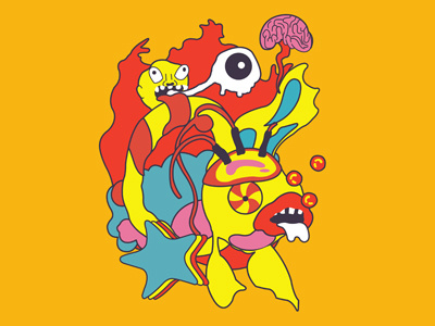 Gold fish in the sea daemonical eye gore horror illustration psychadelic trash