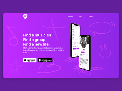Web page social app for musicians app concept design figma ios logo mobile music rock shadows social ui