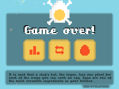 Game over panel with "Hen-cyclopedia" eggs eggxplosive encyclopedia gameover