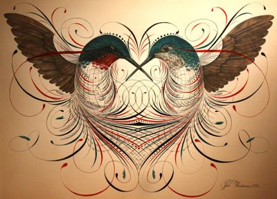 Humming acrylic airbrush bird birds calligraphy design flourishing hummingbirds love romance