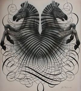 Indivisible calligraphy illustration flourishing pen horse zebra
