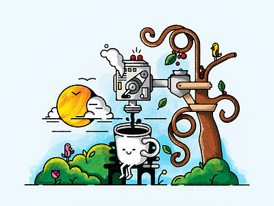 Fueled by Nature bench birds coffee design illustration machine mug park sun tree vector