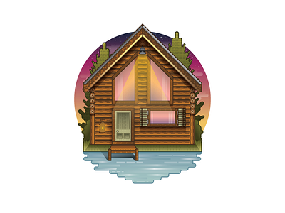 Lakeside cabin dock dusk holiday illustration lake lantern vector water woods