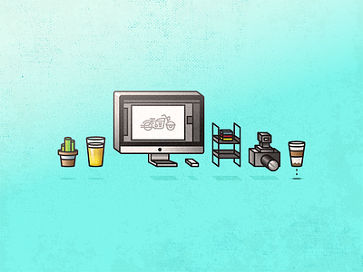 Daily Desk beer camera coffee desk icons illustration imac plant vector