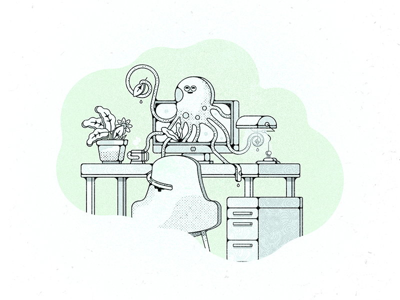 Studiopus challenge 52weeks mac plant octopus desk studio vector illustration