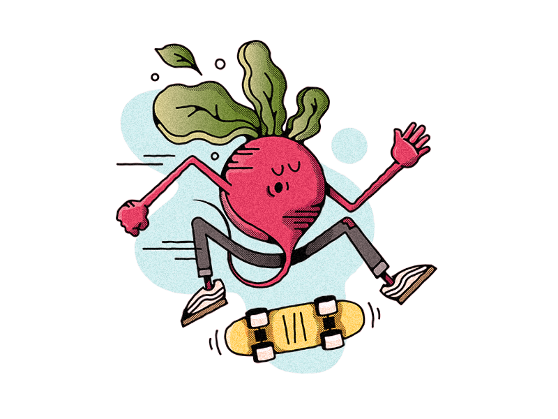 RADish character skate or die push mongo do a kickflip vegetable radish skateboard skateboarding challenge 52weeks vector illustration