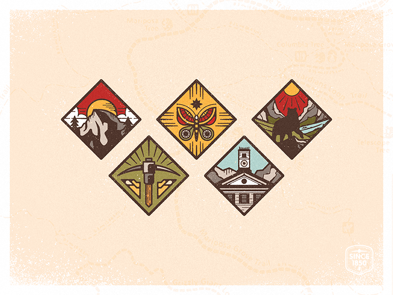 Outdoorsy mountains small town wilderness half dome pickaxe butterfly bear county california design branding icon vector illustration