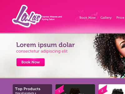 LaLa's Homepage button call to action curves feminine hair pink purple ribbon salon