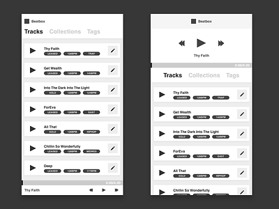 Exhibit A beats desktop music organization player tracks ui wireframes