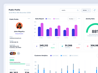 Profile Page Analytics activity analytics charts custom analytics dashboard graphs infographics messages profile page profile ui reports sales social media ui webapp
