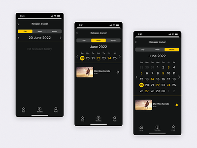 Streaming platform app application calendar date range picker design ios notification online streaming picker range picker releases tracker schedule segmented picker streaming platform streaming service tab bar tracker tv show ui ux