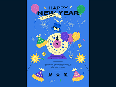 New Year Poster balloons celebration clock countdown happy new year holidays new year party party hats poster resolutions