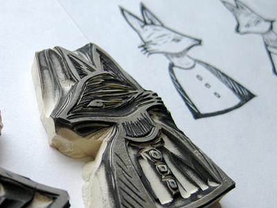 Foxy Stamp carving fox linocut stamp