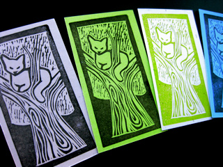 Chreekat block print cat linocut stamp tree