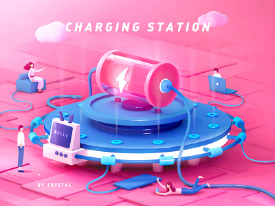 Charging Station 01 2.5d 3d battery blue boy c4d charge charging cloud computer design flashing girl graphic illustration lightning man phone pink station
