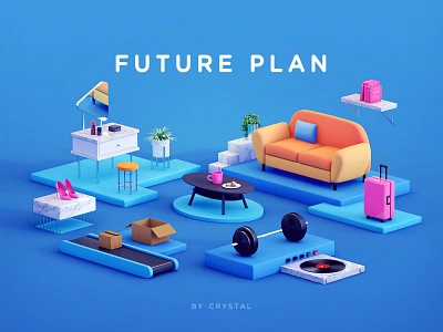 the Future Plan 2.5d 3d barbell blue book c4d conveyor belt cup design express graphic illustration lipstick mirror music shoe sofa suitcase ui