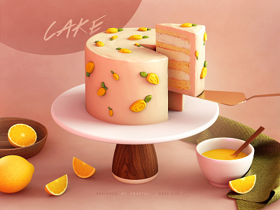 LEMON CAKE 3d bowl c4d cake cake server cloth cream design egg liquid graphic green illustration layout lemon spoon ui white yellow