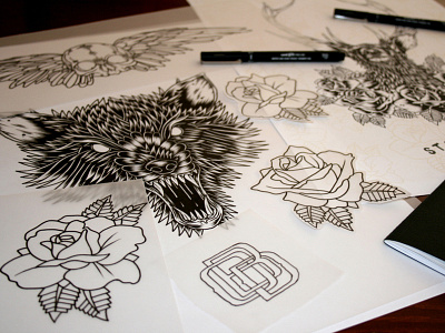 Sample detail illustration ink line work lines pen roses tattoo wolf