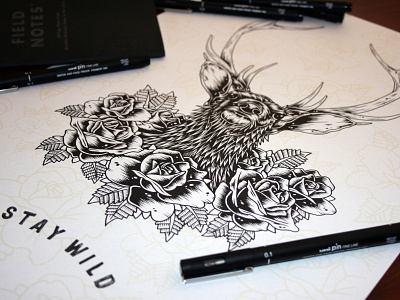 Stay Wild antlers deer deer design deer illustration detail illustration ink line work lines pen roses tattoo