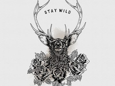 Stay Wild black deer illustration ink pen roses stag stay wild tattoo watercolor