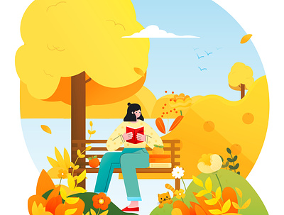 秋天的童话 Autumn fairy autumn cute girl illustration illustrations park reading yellow