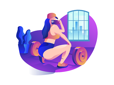 Fitness girl barbell bodybuilding fitness gradient illustration purple