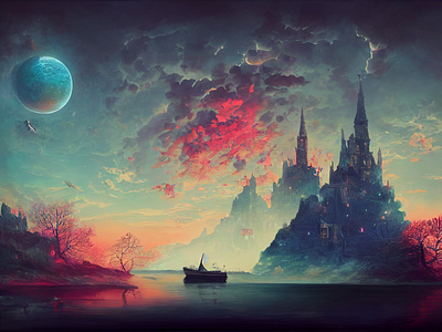 Fantasy Landscape ai boat castle fantasy landscape magical midjourney painting surreal