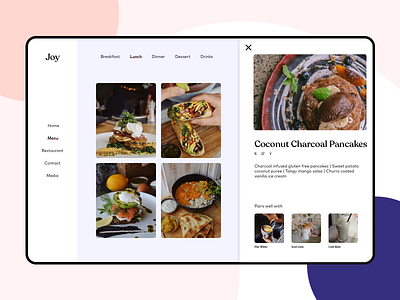 Joy - Restaurant Page beverage branding color colour design drinks food hospitality landing page nav organic pancakes recent restaurant restaurants side nav ui web web page