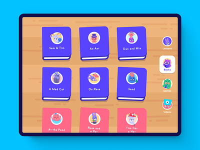 In-app view of the library UI and illustrations #gamedev books characters education edutech illustration learn to read library reading ui unity unity 2d ux vector