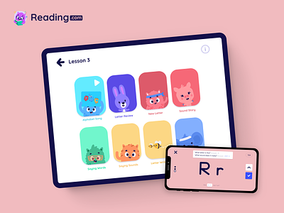Reading.com: Teach How To Read app cards characters children design illustration ipad iphone reading teach ui ux