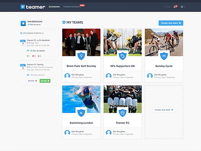 Teamer.net dashboard dashboard sport teams ui