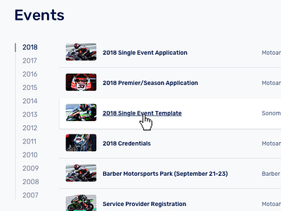 Events list event events hover html list material design motorsport navigation ui years