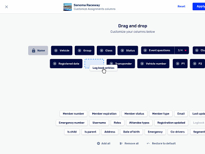 Drag and drop concept admin chips close columns dashboard drag drag and drop drop event form labels material design motorsport table tags ui