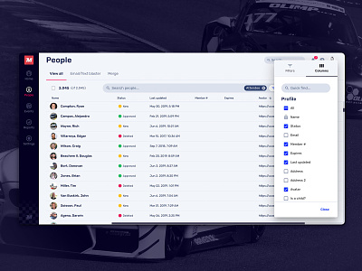 Significant upgrade on the large data tables admin columns dashboard data table design system filters labels layout list motorsport rows search sport ui ux