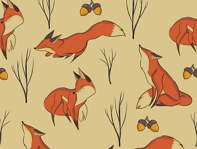 The Quick Brown Fox acorn apparel art art work autumn branding design fabric fall fox illustration pattern print textle yellow