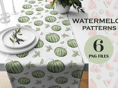 Watercolor watermelon set patterns blue flowers seamless blue seamless pattern graphic design