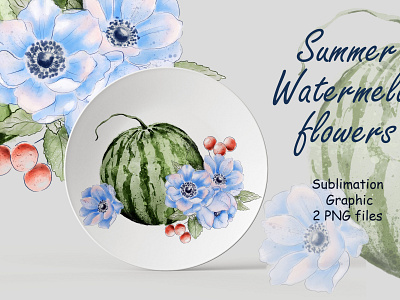 Watermelon Blue Flowers Anemones Bouquet Set Sublimation flower