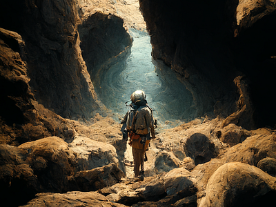 Astronaut exploring prehistoric cave