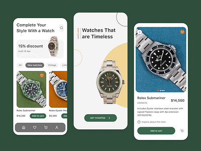 Apps for buying watches app commerce design luxury watch minimalist design mobile app online store rolex sales shop time ui ux watch watch shopping app watch store