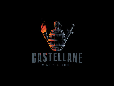 Castellane Malt House Logo beer castellane drum fire house liquor logo malt sword torch