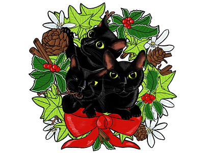 Merry Catmus cats christmas holiday illustration wreath