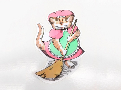 Sweeping Kitty cat cute die cut illustration sticker vintage