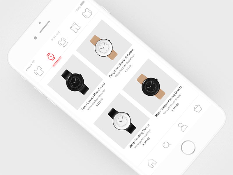 Wish App Concept ae after effects motion catalog category clothing gif animation line icons menu navigation mobile app iphone product cart clock shop e commerce store ecommerce ui ux material white red clean style wish