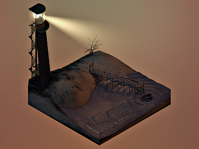 3D Lighthouse terrain block 3d block c4d cinema 4d cube land lighthouse pier water