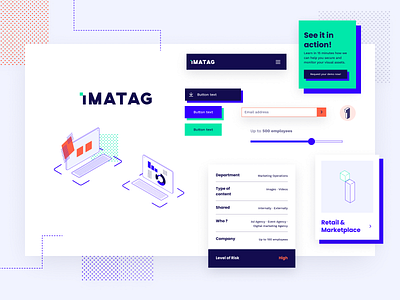 Imatag — UI Library — Digital watermarking app branding design digital green illustration image logo orange protection purple ui video website