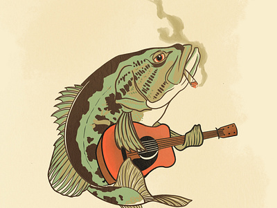 Smokin bass band art bass fishing guitar illustration logo merch