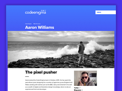 Code Enigma Profile page gradients rebranding web design