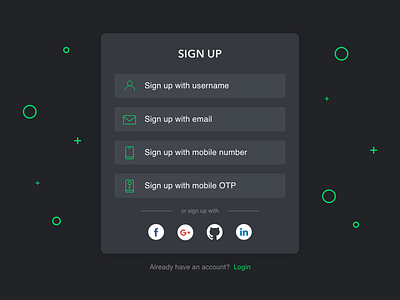 Sign Up account create account dark green login sign in sign up social login ui ux web