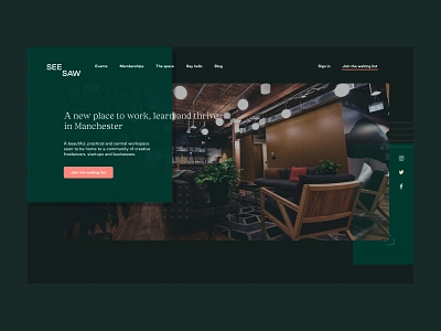 SeeSaw page designs calendar co work co working community dashboard events home page information landing manchester meetings members messaging